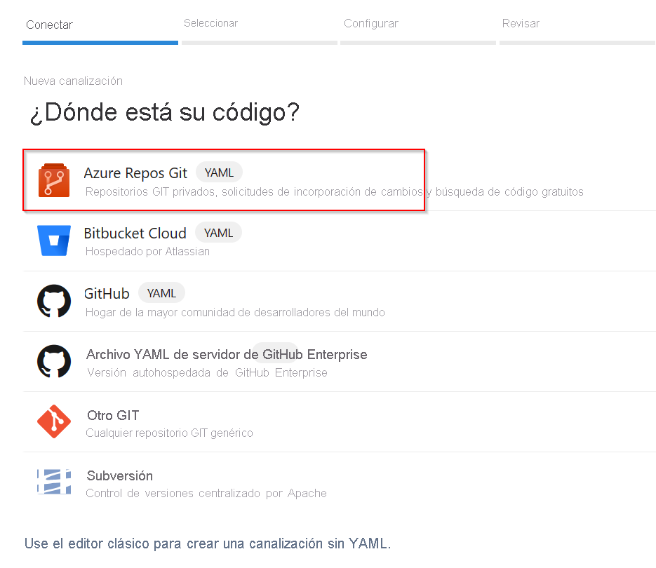 Captura de pantalla que muestra el Git del repositorio de Azure seleccionado como origen de código para la canalización.