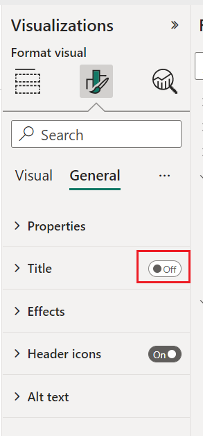 Captura de pantalla del panel de visualizaciones con el interruptor Título desactivado. 
