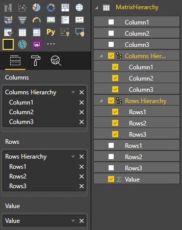 Captura de pantalla muestra MatrixHierarchy con la jerarquía de columnas y filas y sus miembros seleccionados.