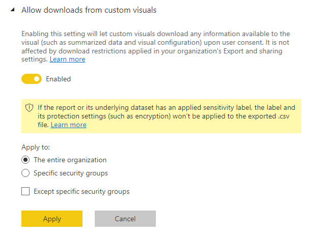 Captura de pantalla de la configuración de administrador habilitando las descargas de objeto visual personalizado.