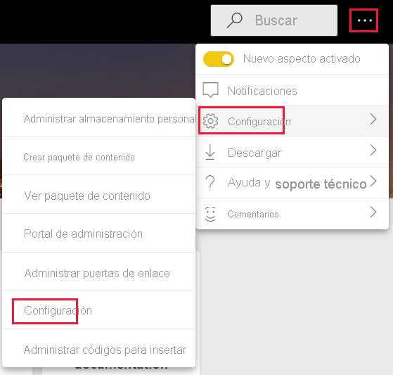 Captura de pantalla de la configuración, general, opción de menú en el servicio Power BI.