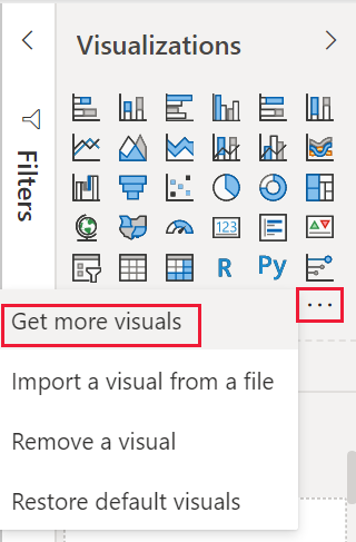 Captura de pantalla de la opción Obtener más objetos visuales del panel Visualización de Power BI.