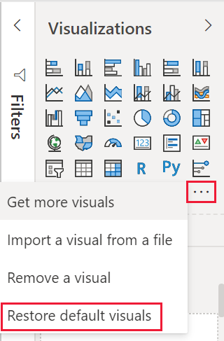 Captura de pantalla de la opción de restauración de valores predeterminados del panel de visualización de Power BI.