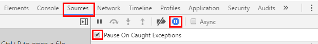 Captura de pantalla que muestra la pestaña Orígenes con la opción Pause On Caught Exceptions (Pausar en excepciones detectadas) seleccionada.