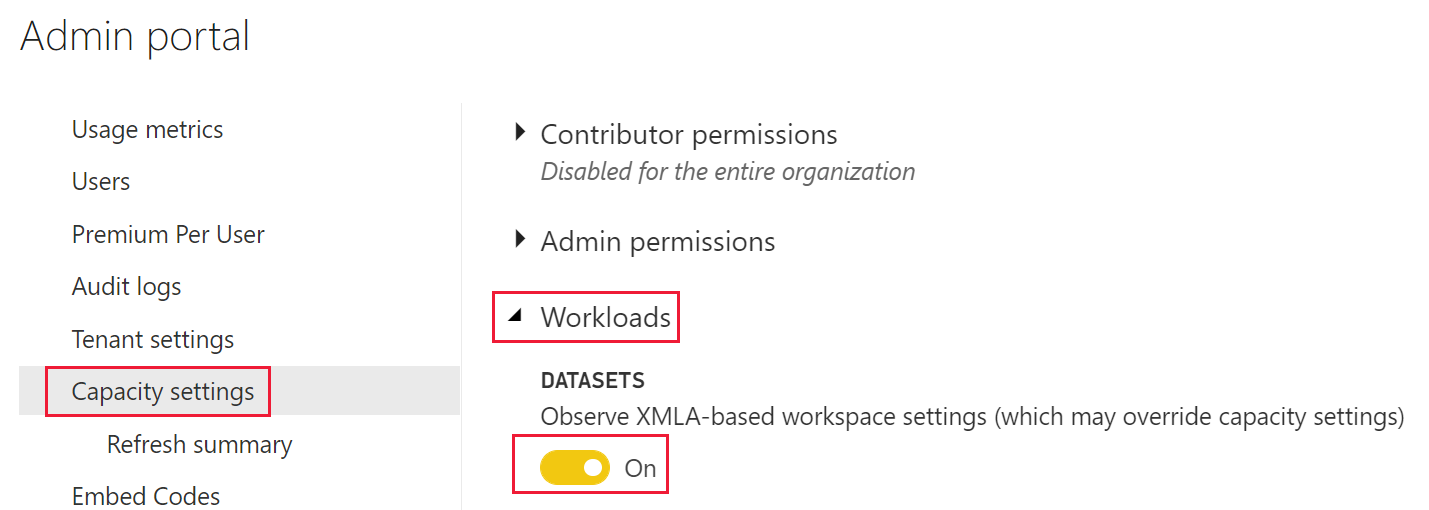 Captura de pantalla en la que se muestra la configuración de administración para deshabilitar las propiedades del servidor de Analysis Services.