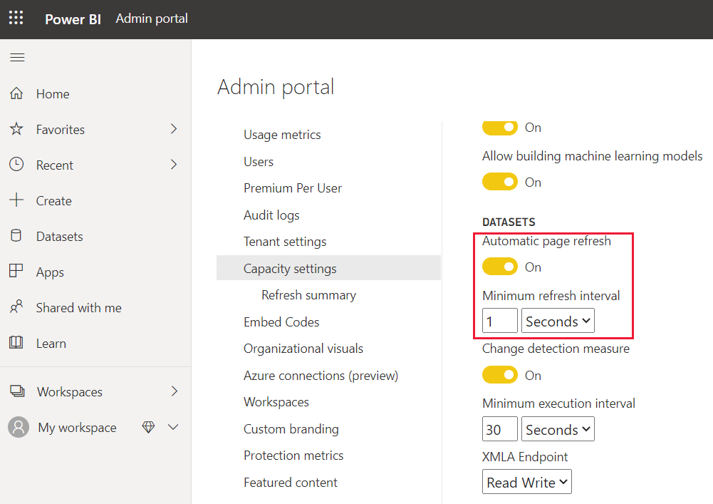 Captura de pantalla en la que se muestra la configuración de administrador para el intervalo de actualización automática.