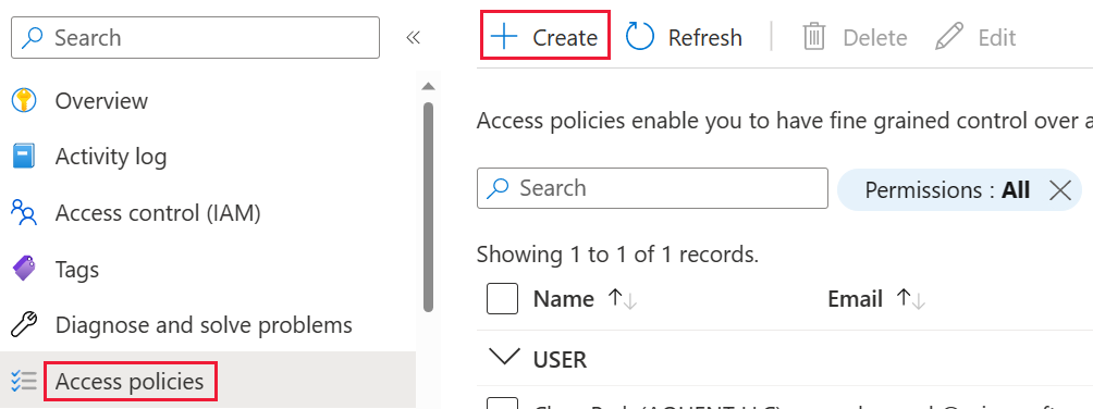 Captura de pantalla del botón Crear para las directivas de acceso en Azure Portal.