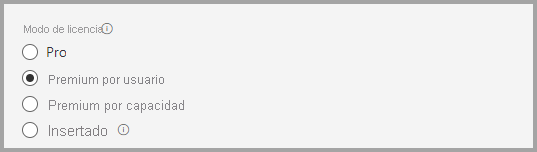 Captura de pantalla que muestra el panel de información del modo de licencia. Premium por usuario está seleccionado.