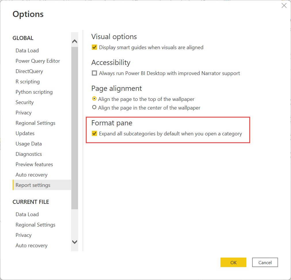 Captura de pantalla del cuadro de diálogo Opciones con la opción Expandir todas las categorías seleccionada en la sección Panel Formato.
