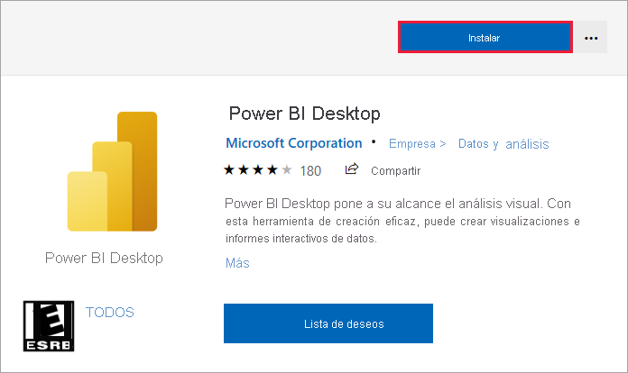 Captura de pantalla de Microsoft Store en la que se muestra la opción para instalar Power BI Desktop.