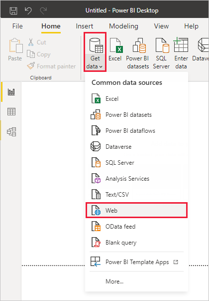 Captura de pantalla de Power BI Desktop en la que se muestra la opción Web de la herramienta Obtener datos.