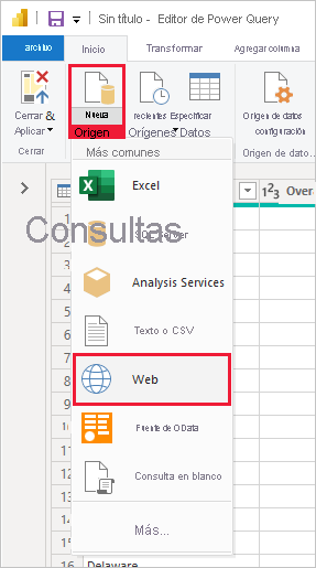 Captura de pantalla de Power BI Desktop en la que se muestra la selección de Web en Nuevo origen en el Editor de Power Query.