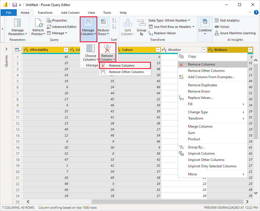 Captura de pantalla de Power BI Desktop en la que se muestra Quitar columnas agregado a Pasos aplicados.