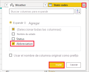 Captura de pantalla de Power BI Desktop en la que se muestra la columna Abreviatura de Códigos de estado.