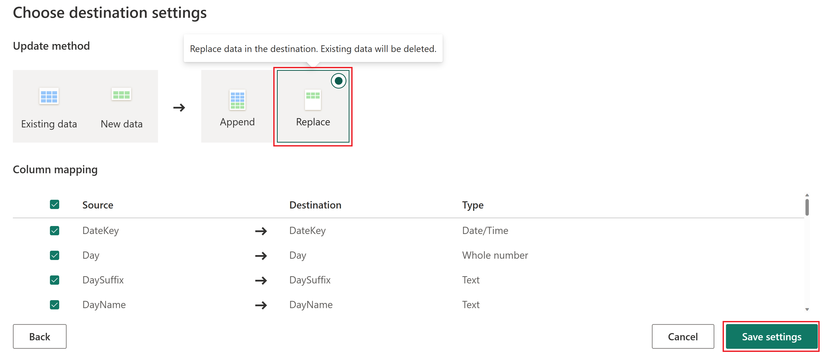 Captura de pantalla de la opción de menú de configuración de destino.