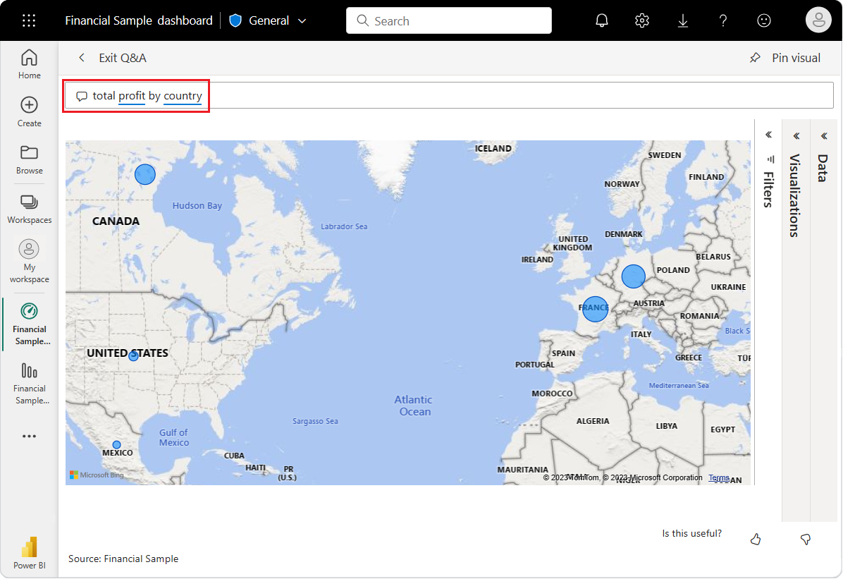 Captura de pantalla de la visualización del mapa de preguntas y respuestas de los datos del ejemplo financiero para el beneficio total por país y región.