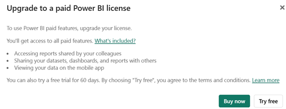 Captura de pantalla que muestra una oferta para actualizar la licencia de Power BI.