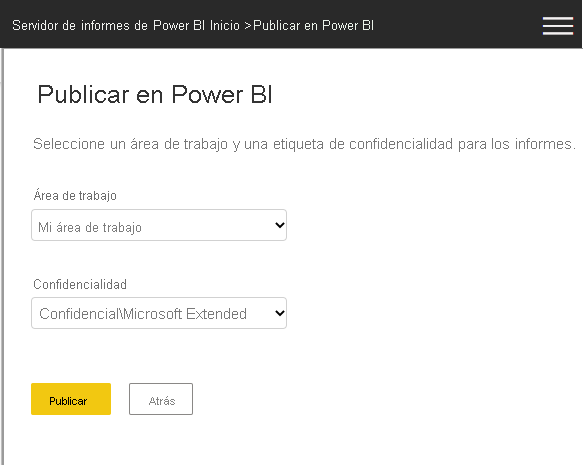 Captura de pantalla que muestra la selección de un área de trabajo en el servicio Power BI.