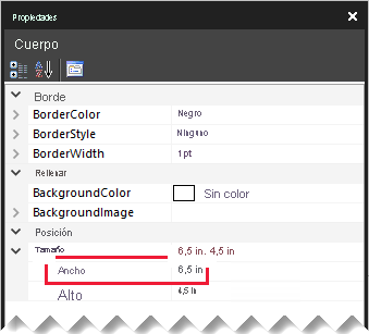 Image shows the Properties pane, highlighting the report body width property.