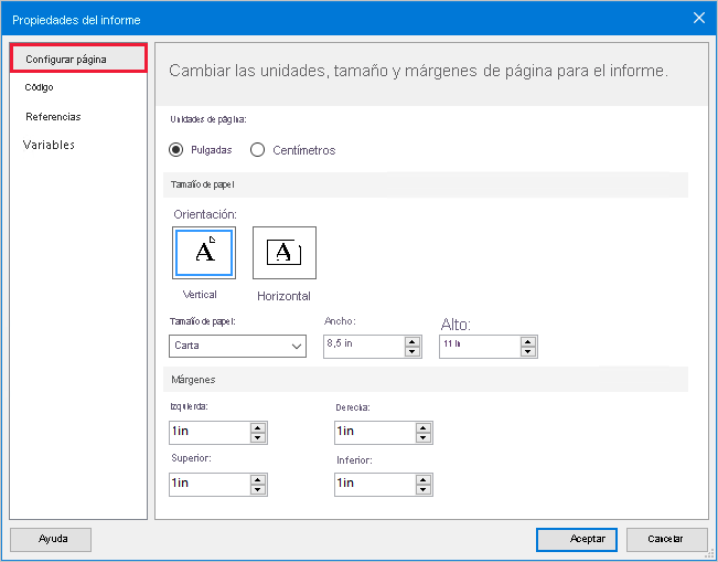 Image shows the Report Properties window, highlighting the Page Setup page.