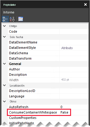 Image shows the Properties pane, highlighting the ConsumeContainerWhitespace property.