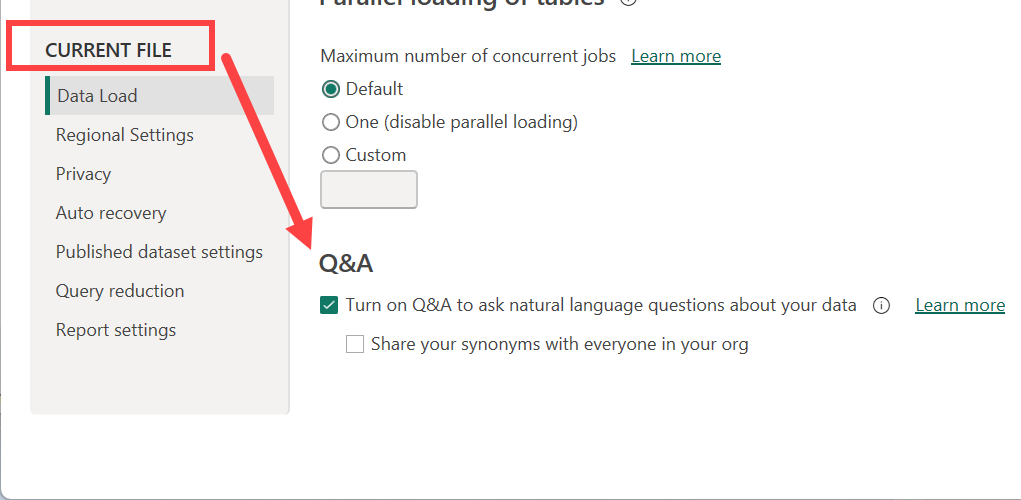 Screenshot showing the Power BI Desktop Q&A options.