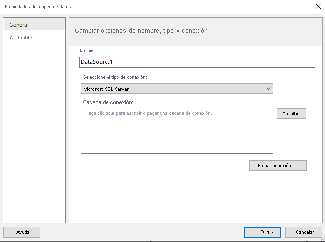 Captura de pantalla del cuadro de diálogo Propiedades del origen de datos.