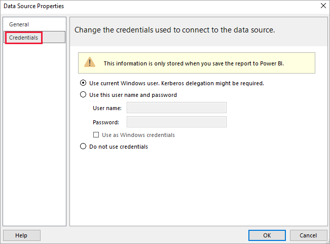 Captura de pantalla de la pestaña de credenciales en Propiedades del origen de datos.