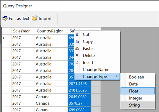 Captura de pantalla de las opciones para cambiar el tipo de datos.