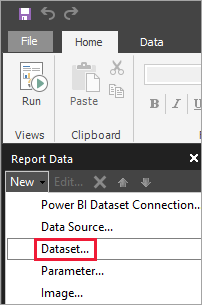 Captura de pantalla de la opción Conjunto de datos en el panel Datos de informe.