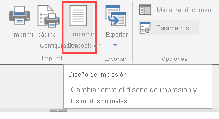 Captura de pantalla de la opción Diseño de impresión en el Generador de informes.