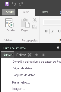 Captura de pantalla de las opciones Nuevo origen de datos y Conjunto de datos en la lista desplegable.