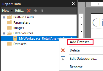 Captura de pantalla de la opción Agregar conjunto de datos en Orígenes de datos.