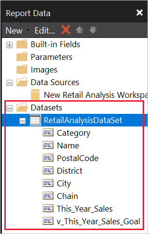 Captura de pantalla de los campos enumerados en el conjunto de datos en el panel Datos de informe.