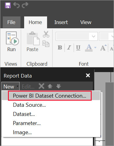 Captura de pantalla del nuevo conjunto de datos en el panel Datos de informe.