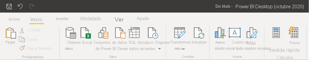 Captura de pantalla de la nueva cinta en Power BI Desktop para Power BI Report Server.