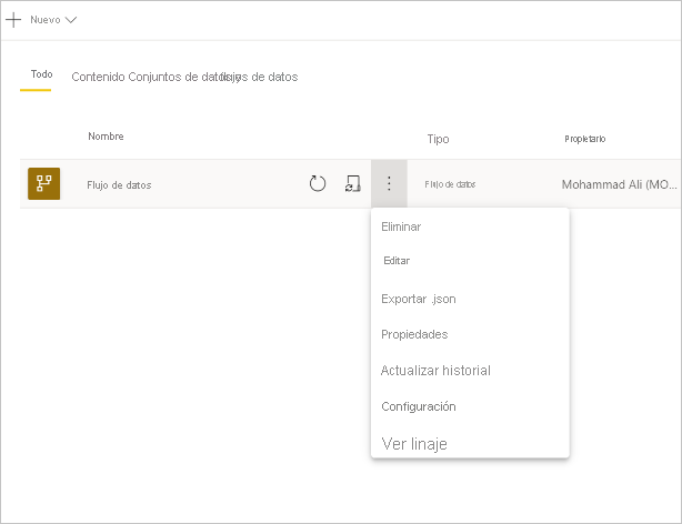 Captura de pantalla de un flujo de datos seleccionado con el menú desplegable Más abierto.