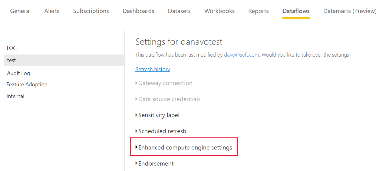 Captura de pantalla de la página de configuración de un flujo de datos con la opción de configuración de motor de proceso mejorado resaltada.