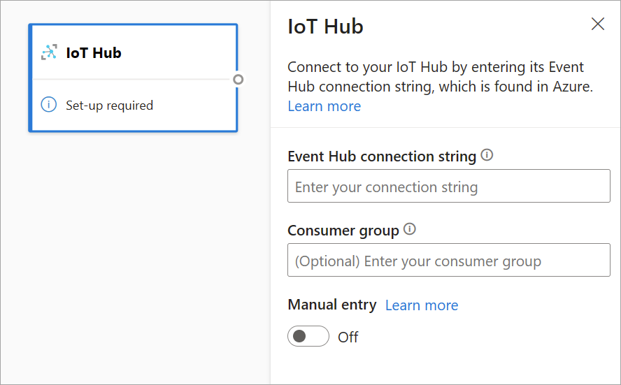  Captura de pantalla que muestra la tarjeta de IoT Hub y el panel de configuración en la vista de diagrama