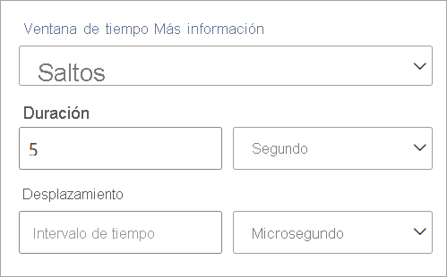 Captura de pantalla que muestra la configuración de duración y desplazamiento de una ventana de tiempo de saltos de tamaño constante.