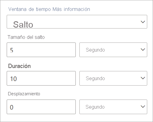 Captura de pantalla que muestra la configuración de tamaño de salto, duración y desplazamiento de una ventana de tiempo de salto.