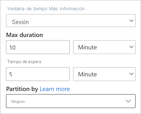 Captura de pantalla que muestra la duración, el tiempo de espera y la configuración de partición de una ventana de tiempo de sesión.