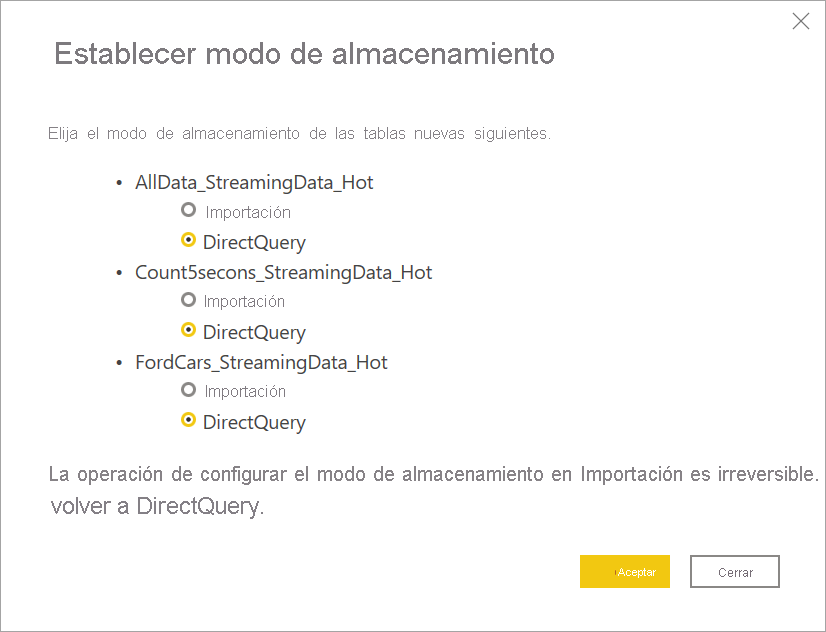 Captura de pantalla que muestra el modo de almacenamiento seleccionado para flujos de datos de streaming en Power BI Desktop.