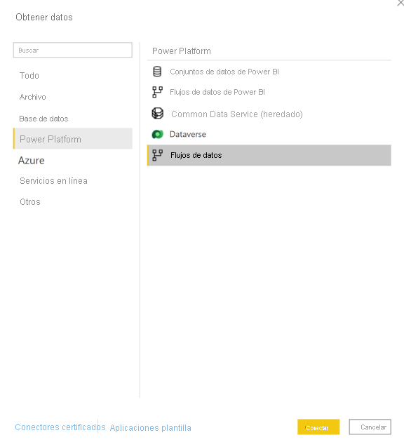 Captura de pantalla de la ventana Obtener datos, Power Platform está seleccionado en el panel de navegación y los flujos de datos se resaltan en el panel principal.