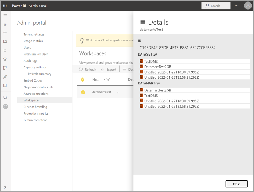 Captura de pantalla del portal de administración para hacer un seguimiento de los datamarts.