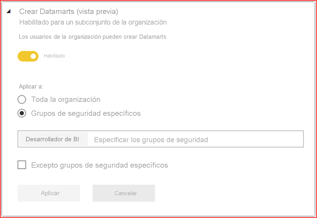 Captura de pantalla del portal de administración para habilitar o deshabilitar los datamarts.