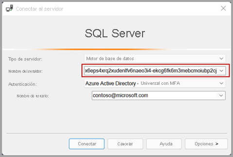 Captura de pantalla de la ventana de Conectarse al servidor de SQL server.