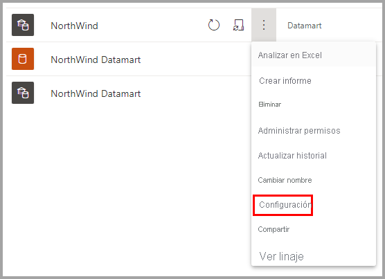 Captura de pantalla del menú contextual datamart con la configuración seleccionada.