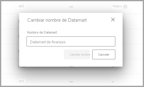 Recorte de pantalla del cambio de nombre de un datamart desde el área de trabajo.