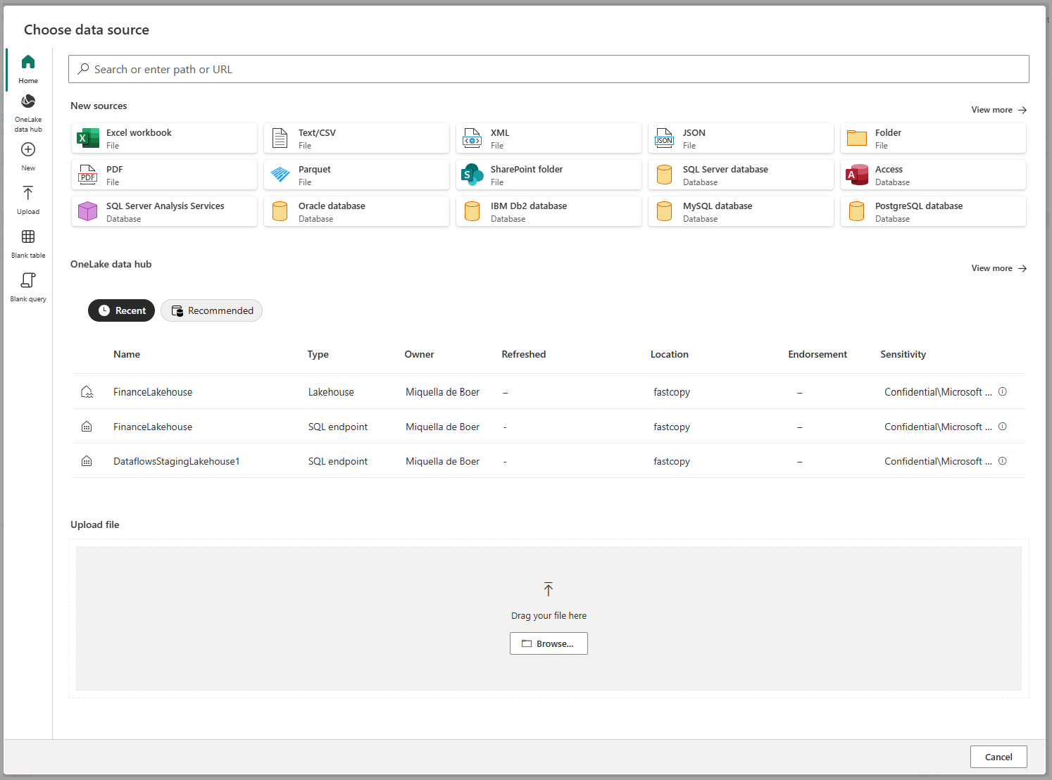 Captura de pantalla de diferentes orígenes de datos para un datamart.